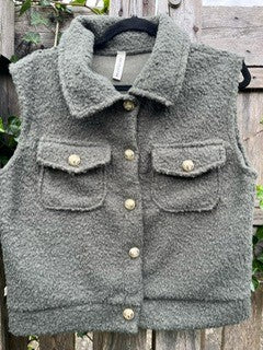 Vest i plys m. guld knapper