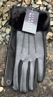 Handske i læderlook m. pels kant