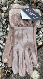 Handske i læderlook m. pels kant