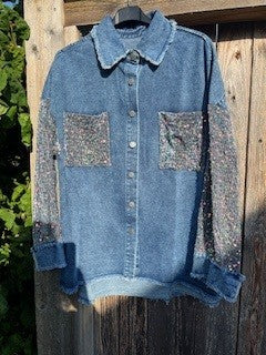 Jakke, denim . velour og pailletter