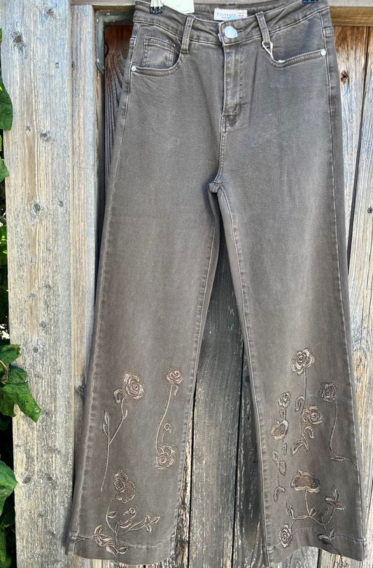 Buks, jeans m. broderet blomster