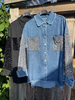 Jakke, denim . velour og pailletter