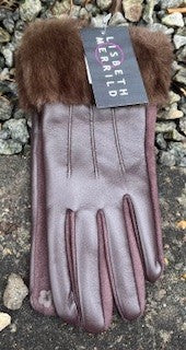 Handske i læderlook m. pels kant