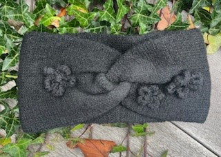 Pandebånd i strik m. glimmer og små blomster