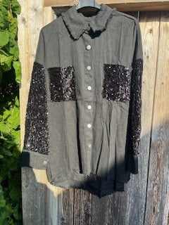 Jakke, denim . velour og pailletter