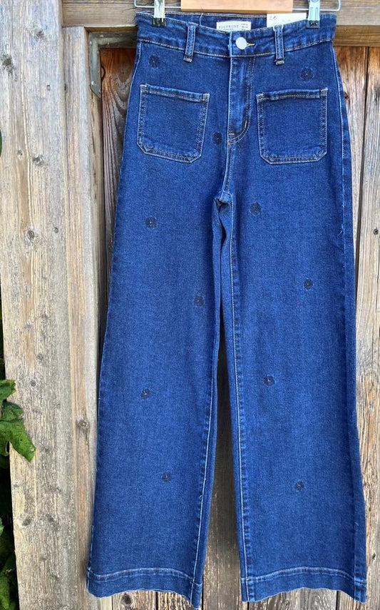 Buks, jeans m. broderet blomster