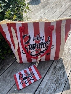 Strand taske m. striber og lille pung